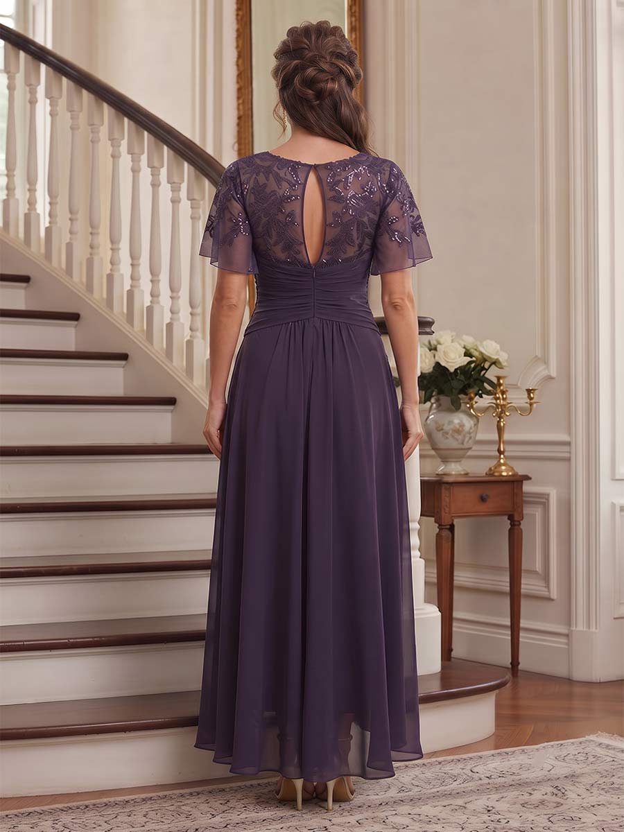 A-Line/Princess Scoop Flutter Sleeves Asymmetrical Plus Size Mother of the Bride Dresses with Sequins &amp; Ruffles