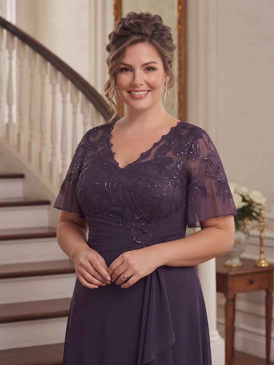 A-Line/Princess Scoop Flutter Sleeves Asymmetrical Plus Size Mother of the Bride Dresses with Sequins &amp; Ruffles
