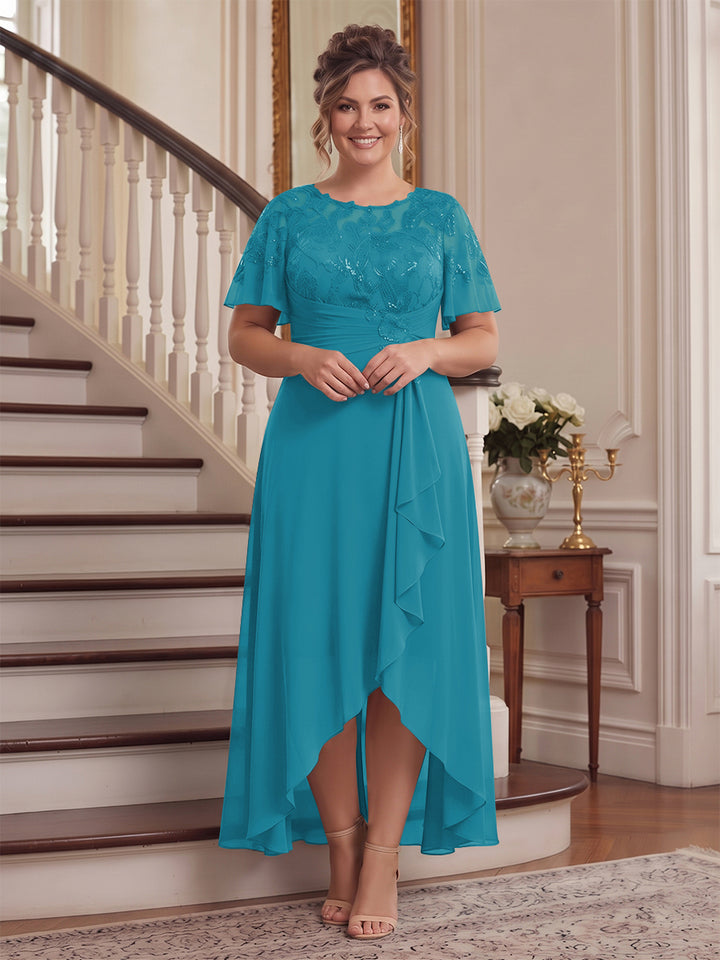 A-Line/Princess Scoop Flutter Sleeves Asymmetrical Plus Size Mother of the Bride Dresses with Sequins &amp; Ruffles