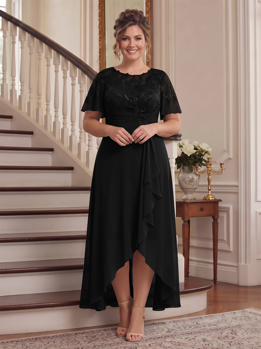 A-Line/Princess Scoop Flutter Sleeves Asymmetrical Plus Size Mother of the Bride Dresses with Sequins &amp; Ruffles