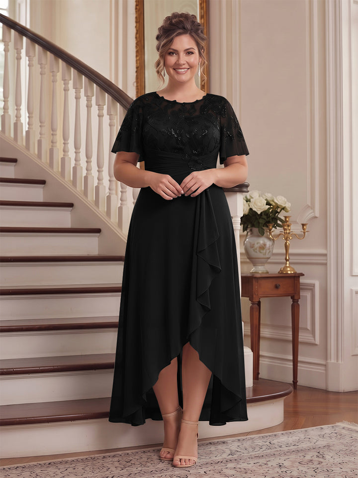 A-Line/Princess Scoop Flutter Sleeves Asymmetrical Plus Size Mother of the Bride Dresses with Sequins &amp; Ruffles