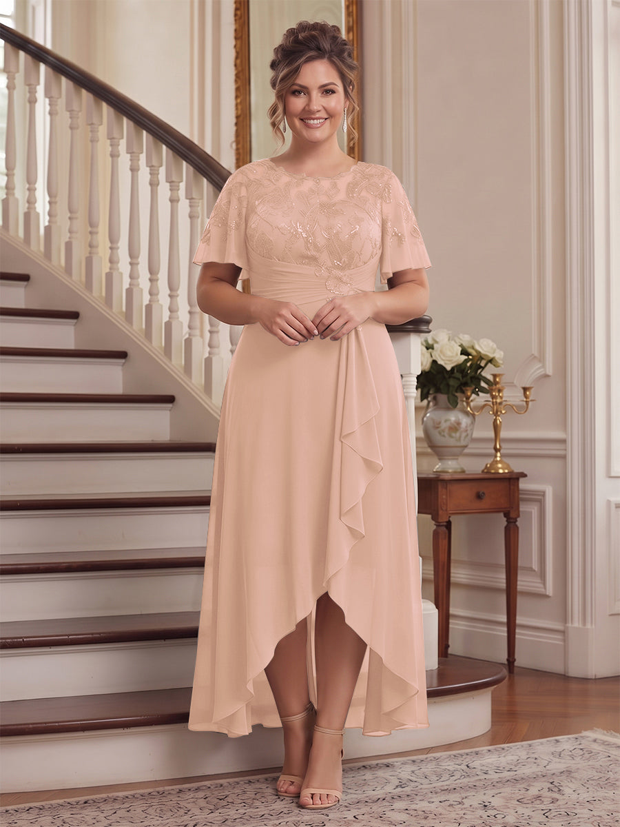 A-Line/Princess Scoop Flutter Sleeves Asymmetrical Plus Size Mother of the Bride Dresses with Sequins &amp; Ruffles