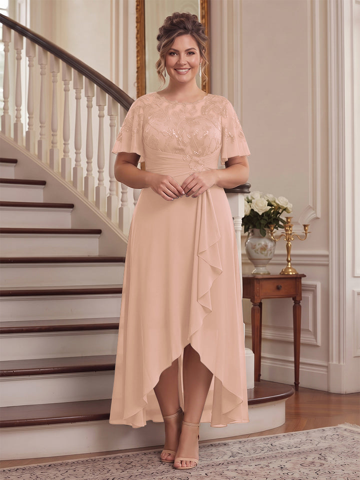 A-Line/Princess Scoop Flutter Sleeves Asymmetrical Plus Size Mother of the Bride Dresses with Sequins &amp; Ruffles