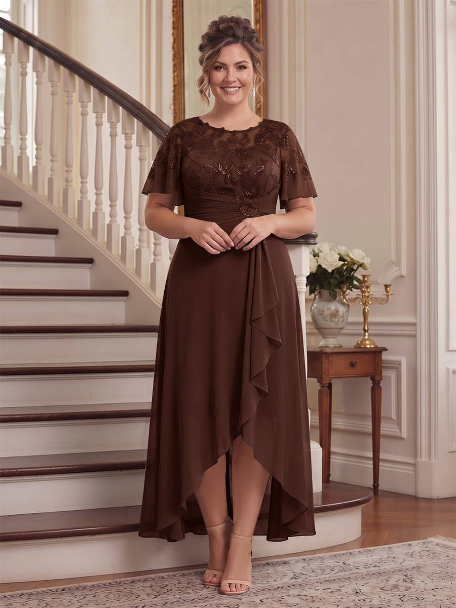 A-Line/Princess Scoop Flutter Sleeves Asymmetrical Plus Size Mother of the Bride Dresses with Sequins &amp; Ruffles