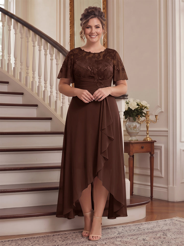 A-Line/Princess Scoop Flutter Sleeves Asymmetrical Plus Size Mother of the Bride Dresses with Sequins &amp; Ruffles