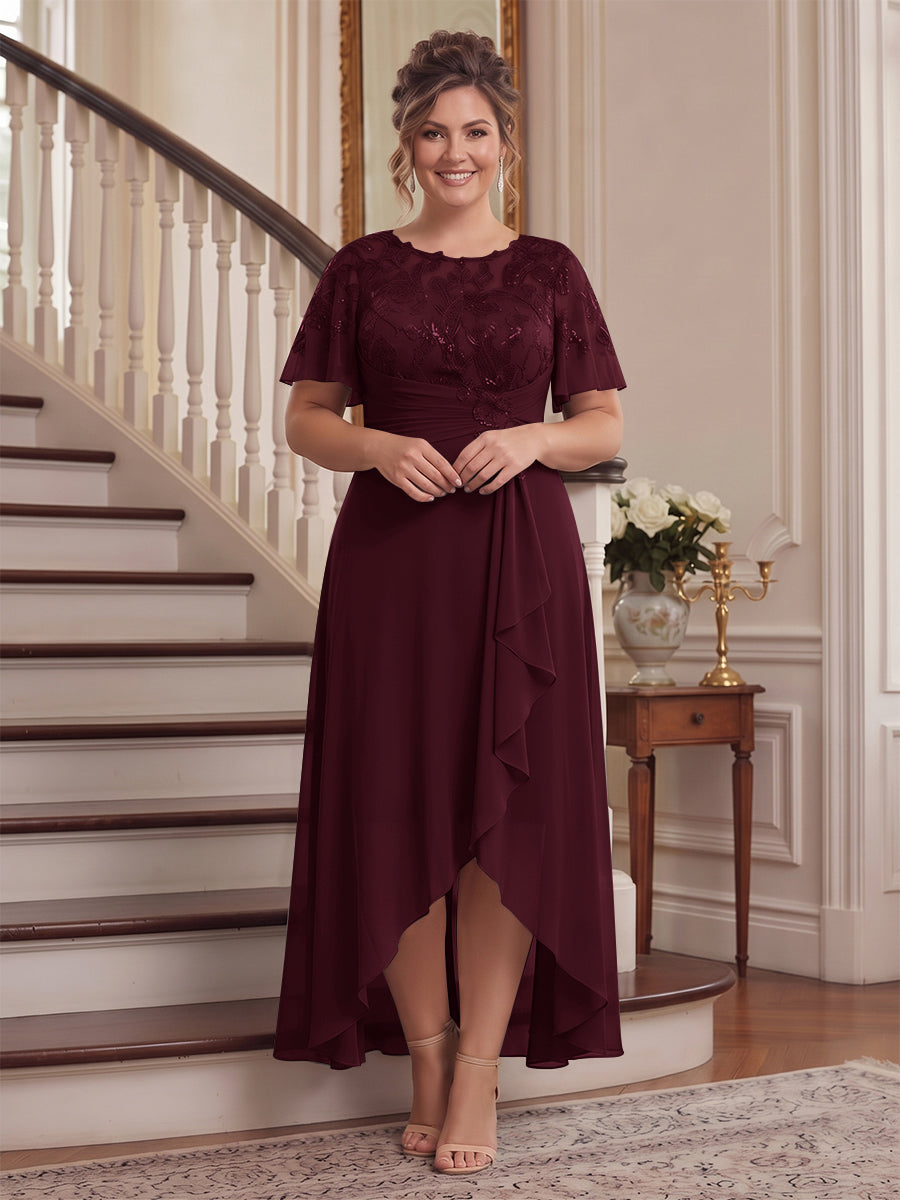 A-Line/Princess Scoop Flutter Sleeves Asymmetrical Plus Size Mother of the Bride Dresses with Sequins &amp; Ruffles