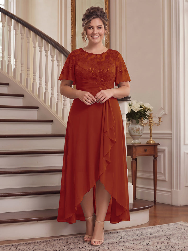 A-Line/Princess Scoop Flutter Sleeves Asymmetrical Plus Size Mother of the Bride Dresses with Sequins &amp; Ruffles