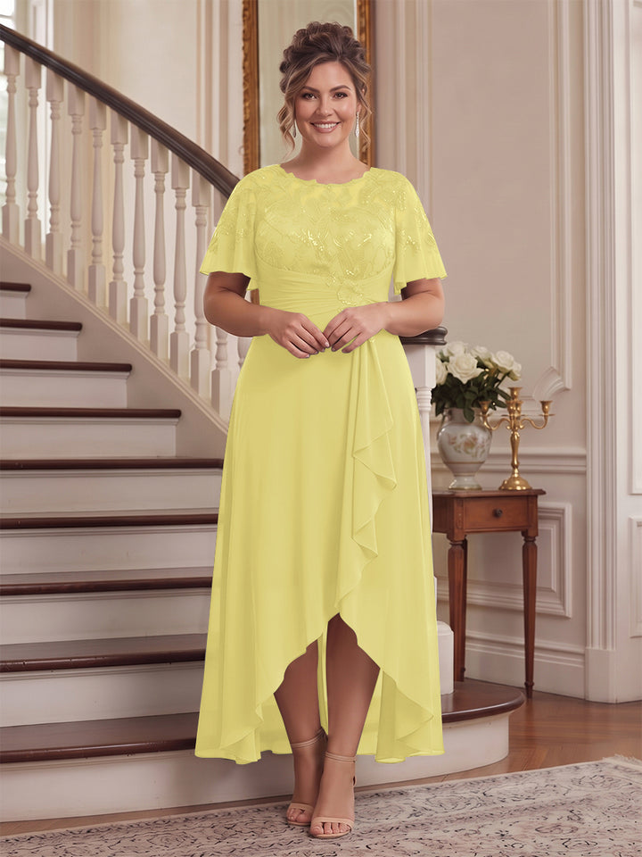 A-Line/Princess Scoop Flutter Sleeves Asymmetrical Plus Size Mother of the Bride Dresses with Sequins &amp; Ruffles