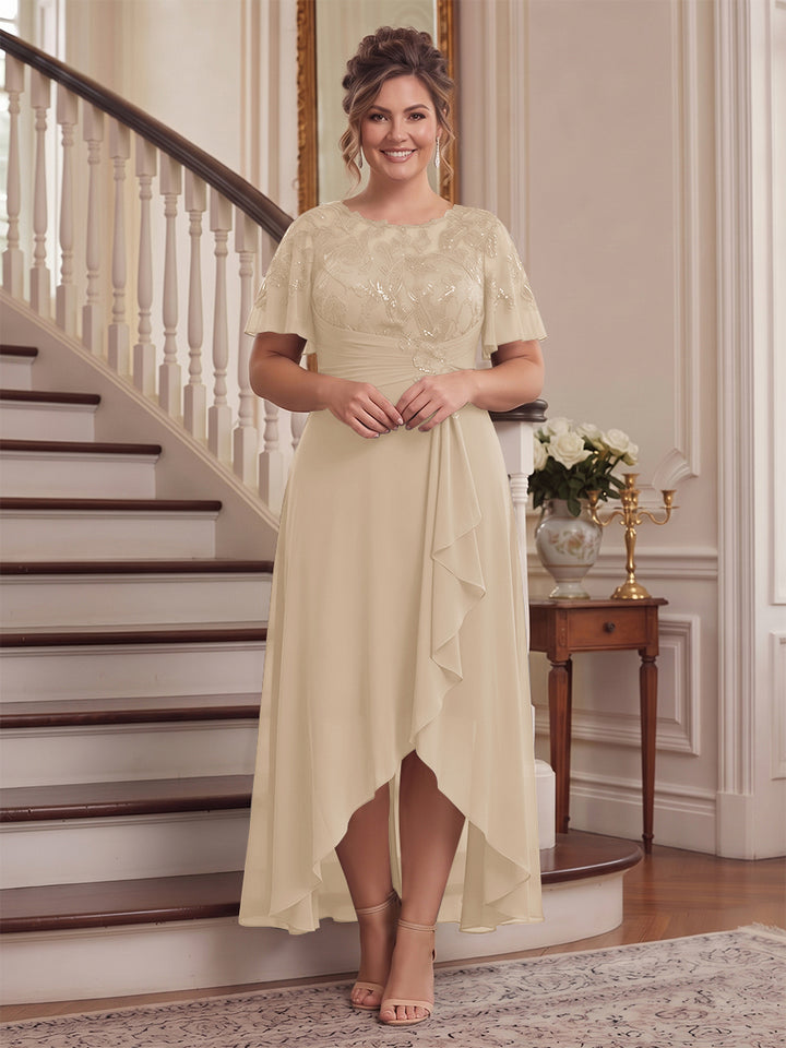 A-Line/Princess Scoop Flutter Sleeves Asymmetrical Plus Size Mother of the Bride Dresses with Sequins &amp; Ruffles