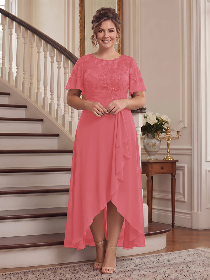 A-Line/Princess Scoop Flutter Sleeves Asymmetrical Plus Size Mother of the Bride Dresses with Sequins &amp; Ruffles