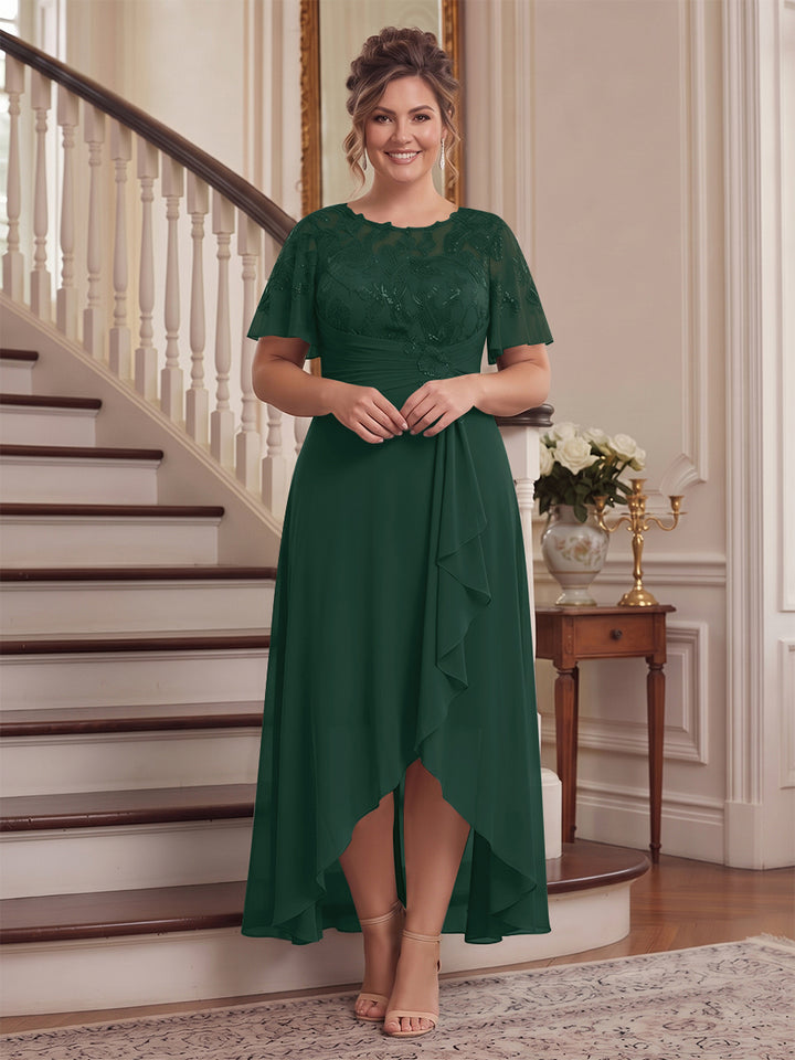 A-Line/Princess Scoop Flutter Sleeves Asymmetrical Plus Size Mother of the Bride Dresses with Sequins &amp; Ruffles