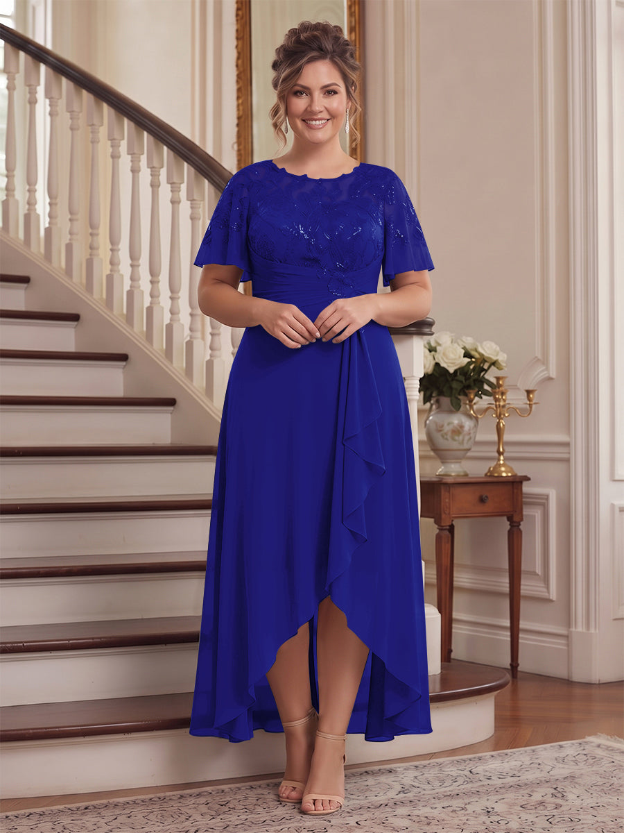 A-Line/Princess Scoop Flutter Sleeves Asymmetrical Plus Size Mother of the Bride Dresses with Sequins &amp; Ruffles