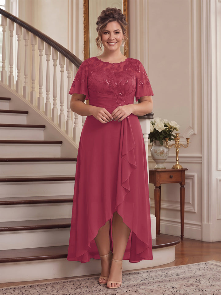 A-Line/Princess Scoop Flutter Sleeves Asymmetrical Plus Size Mother of the Bride Dresses with Sequins &amp; Ruffles