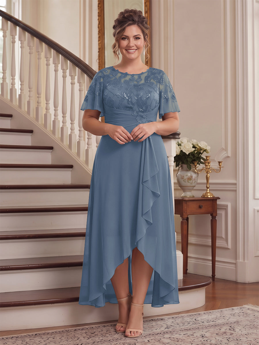 A-Line/Princess Scoop Flutter Sleeves Asymmetrical Plus Size Mother of the Bride Dresses with Sequins &amp; Ruffles
