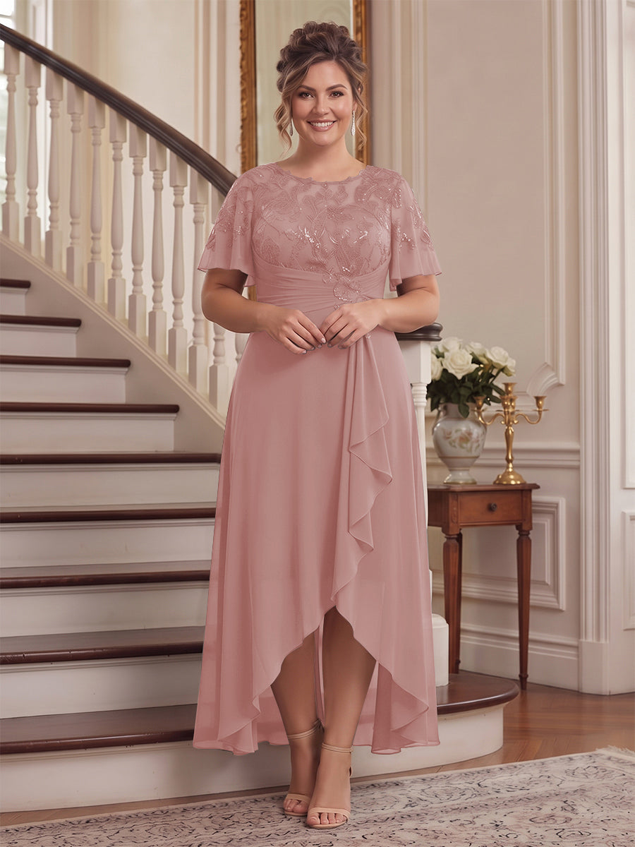 A-Line/Princess Scoop Flutter Sleeves Asymmetrical Plus Size Mother of the Bride Dresses with Sequins &amp; Ruffles