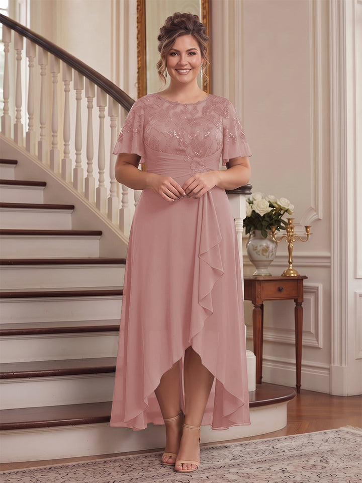 A-Line/Princess Scoop Flutter Sleeves Asymmetrical Plus Size Mother of the Bride Dresses with Sequins &amp; Ruffles