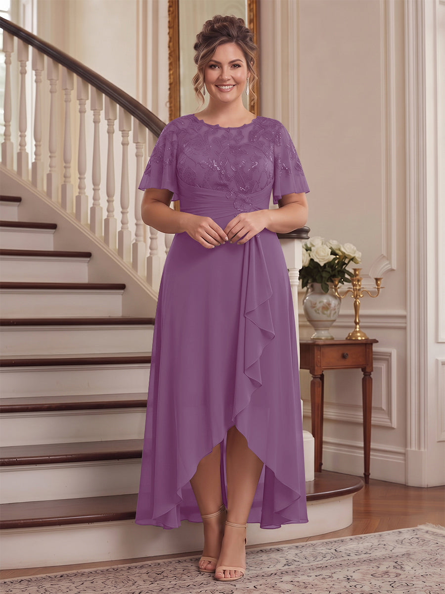 A-Line/Princess Scoop Flutter Sleeves Asymmetrical Plus Size Mother of the Bride Dresses with Sequins &amp; Ruffles