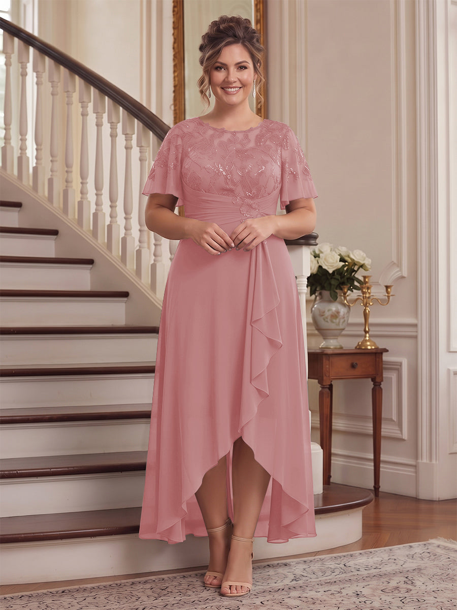 A-Line/Princess Scoop Flutter Sleeves Asymmetrical Plus Size Mother of the Bride Dresses with Sequins &amp; Ruffles