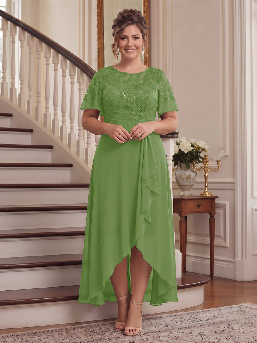 A-Line/Princess Scoop Flutter Sleeves Asymmetrical Plus Size Mother of the Bride Dresses with Sequins &amp; Ruffles