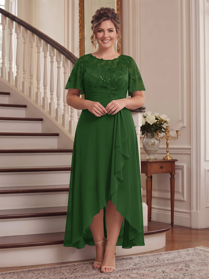 A-Line/Princess Scoop Flutter Sleeves Asymmetrical Plus Size Mother of the Bride Dresses with Sequins &amp; Ruffles