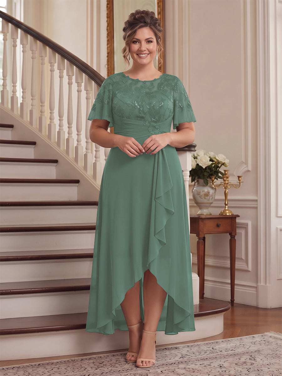 A-Line/Princess Scoop Flutter Sleeves Asymmetrical Plus Size Mother of the Bride Dresses with Sequins &amp; Ruffles