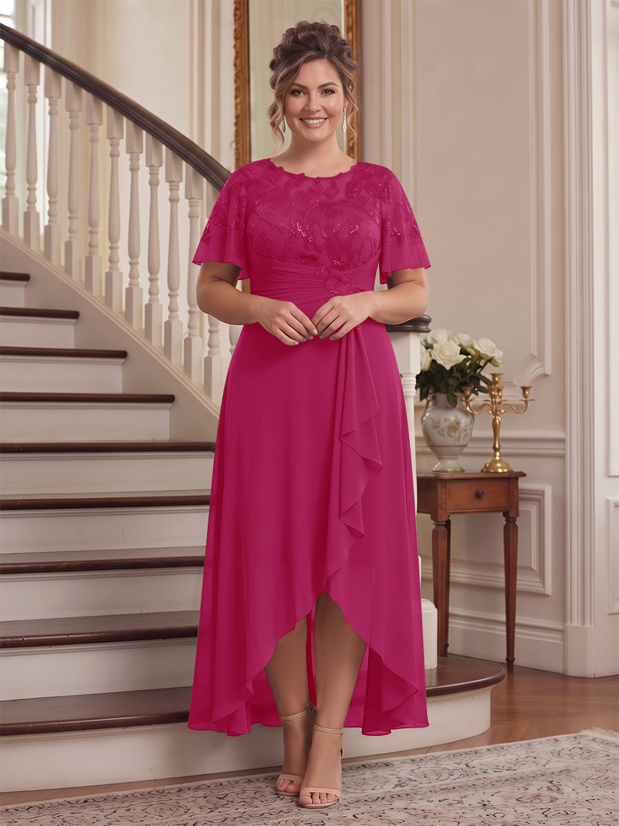 A-Line/Princess Scoop Flutter Sleeves Asymmetrical Plus Size Mother of the Bride Dresses with Sequins &amp; Ruffles