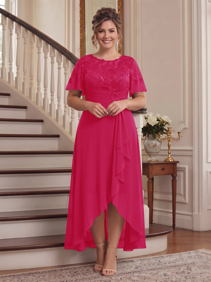 A-Line/Princess Scoop Flutter Sleeves Asymmetrical Plus Size Mother of the Bride Dresses with Sequins &amp; Ruffles