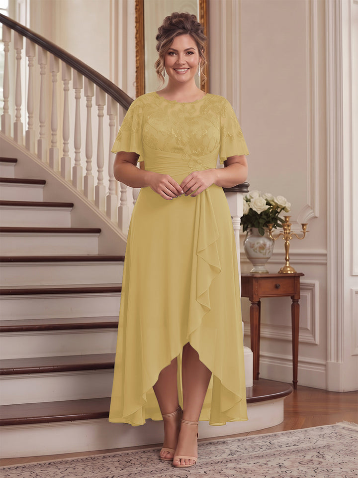 A-Line/Princess Scoop Flutter Sleeves Asymmetrical Plus Size Mother of the Bride Dresses with Sequins &amp; Ruffles
