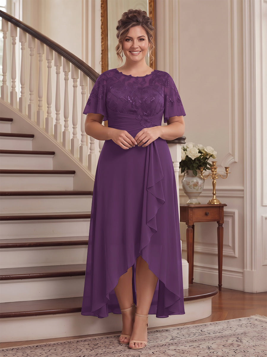 A-Line/Princess Scoop Flutter Sleeves Asymmetrical Plus Size Mother of the Bride Dresses with Sequins &amp; Ruffles