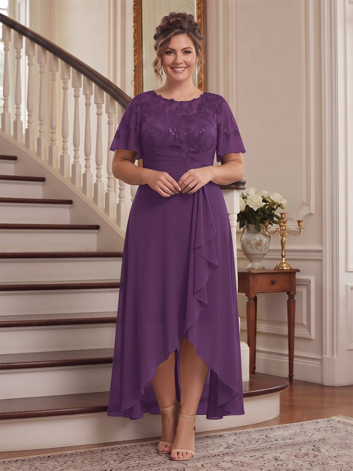 A-Line/Princess Scoop Flutter Sleeves Asymmetrical Plus Size Mother of the Bride Dresses with Sequins &amp; Ruffles