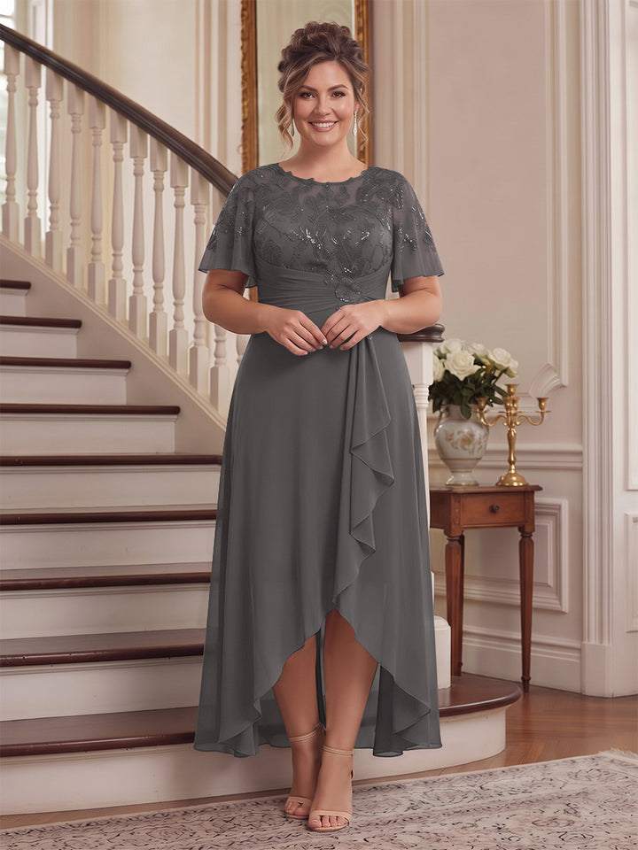 A-Line/Princess Scoop Flutter Sleeves Asymmetrical Plus Size Mother of the Bride Dresses with Sequins &amp; Ruffles