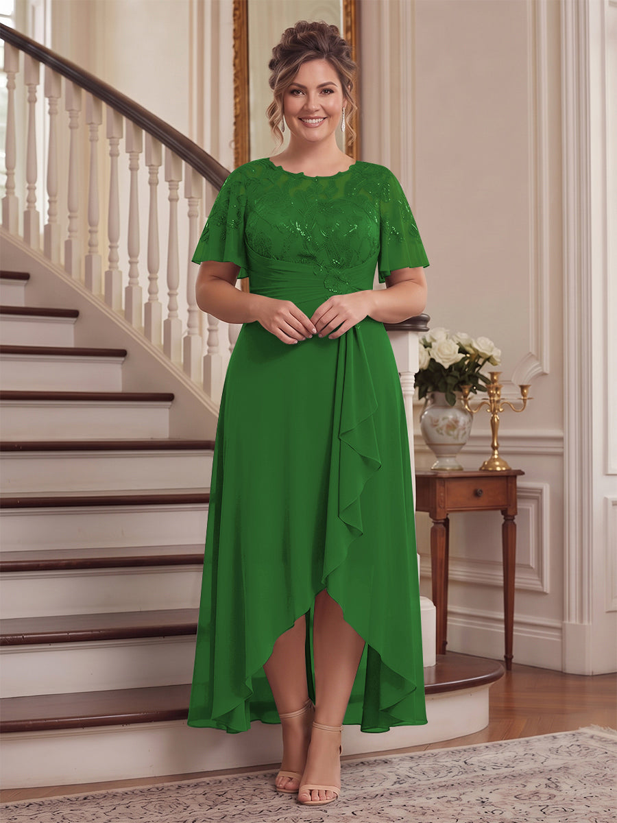 A-Line/Princess Scoop Flutter Sleeves Asymmetrical Plus Size Mother of the Bride Dresses with Sequins &amp; Ruffles