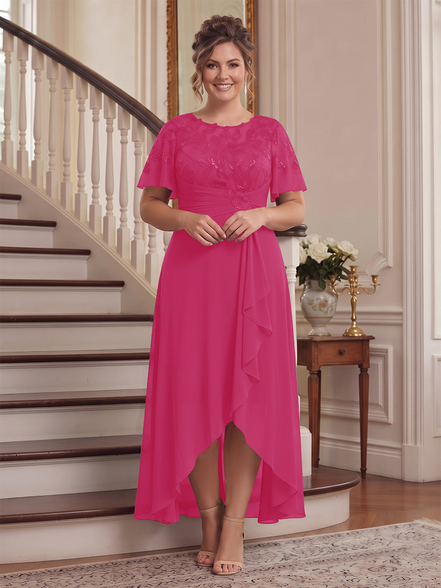 A-Line/Princess Scoop Flutter Sleeves Asymmetrical Plus Size Mother of the Bride Dresses with Sequins &amp; Ruffles