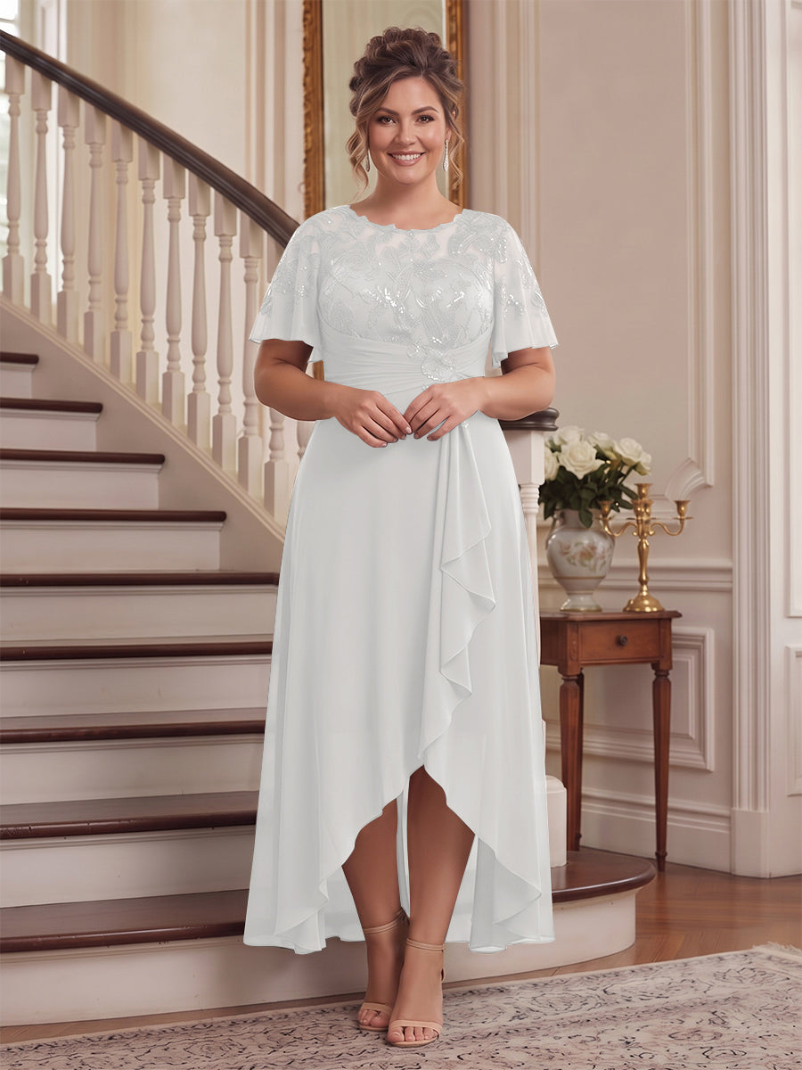 A-Line/Princess Scoop Flutter Sleeves Asymmetrical Plus Size Mother of the Bride Dresses with Sequins &amp; Ruffles