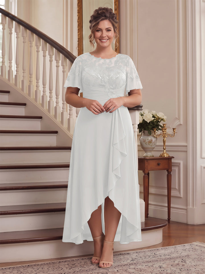 A-Line/Princess Scoop Flutter Sleeves Asymmetrical Plus Size Mother of the Bride Dresses with Sequins &amp; Ruffles