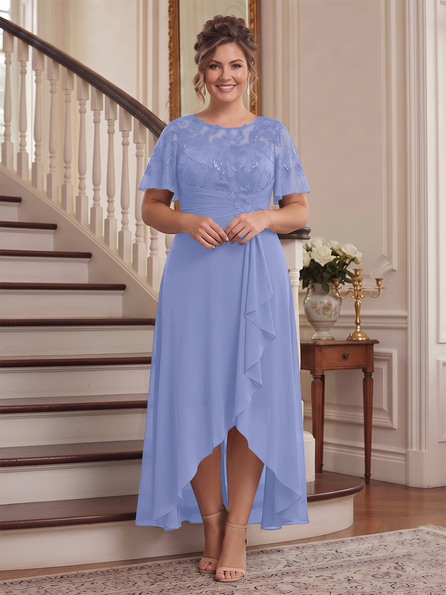 A-Line/Princess Scoop Flutter Sleeves Asymmetrical Plus Size Mother of the Bride Dresses with Sequins &amp; Ruffles