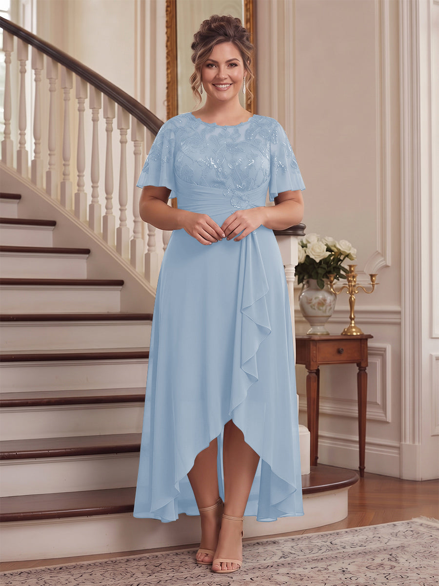 A-Line/Princess Scoop Flutter Sleeves Asymmetrical Plus Size Mother of the Bride Dresses with Sequins &amp; Ruffles