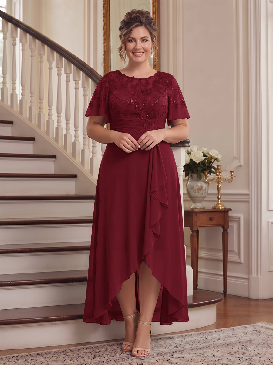 A-Line/Princess Scoop Flutter Sleeves Asymmetrical Plus Size Mother of the Bride Dresses with Sequins &amp; Ruffles