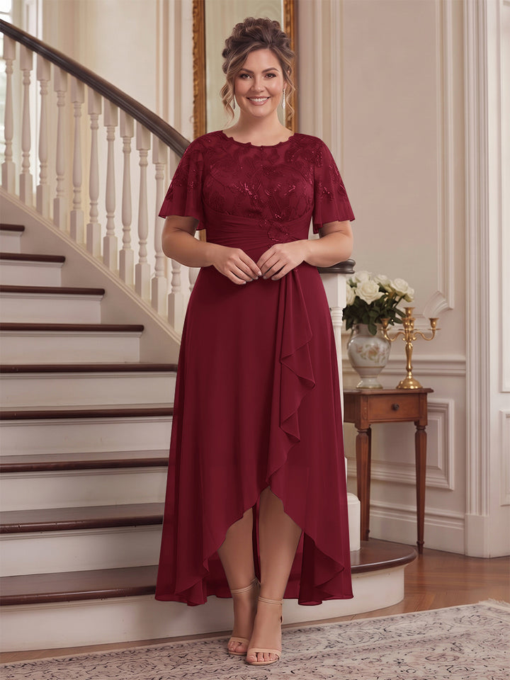 A-Line/Princess Scoop Flutter Sleeves Asymmetrical Plus Size Mother of the Bride Dresses with Sequins &amp; Ruffles