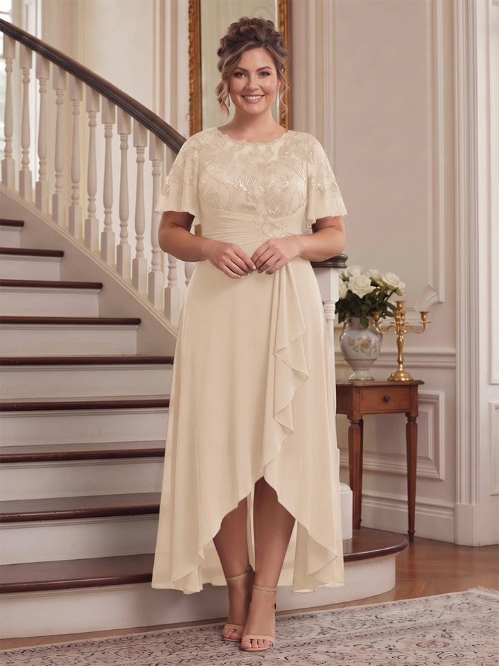 A-Line/Princess Scoop Flutter Sleeves Asymmetrical Plus Size Mother of the Bride Dresses with Sequins &amp; Ruffles