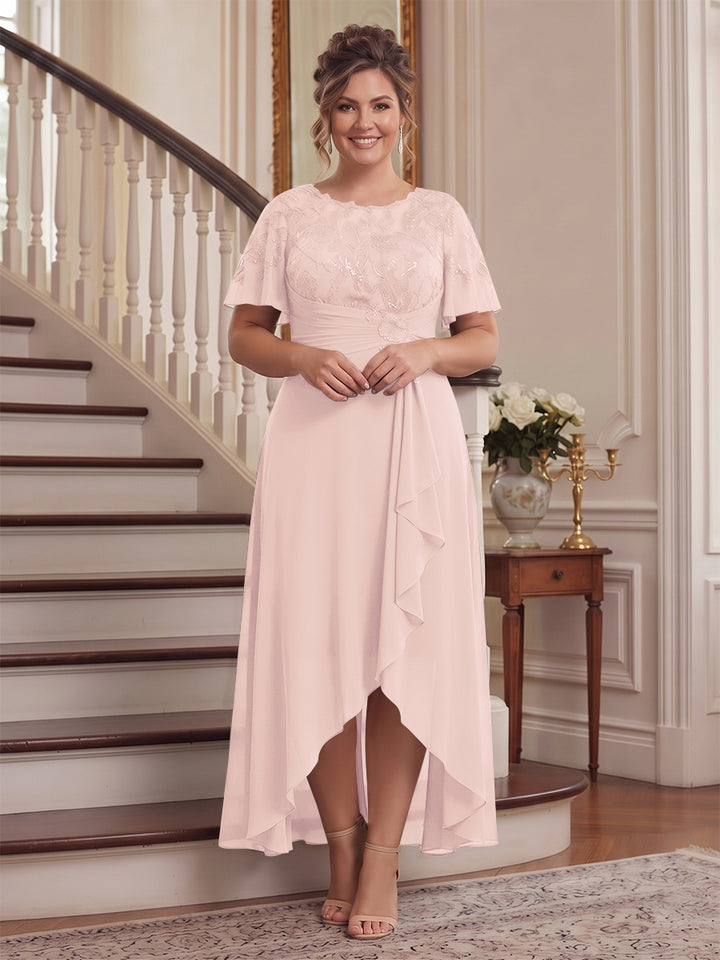 A-Line/Princess Scoop Flutter Sleeves Asymmetrical Plus Size Mother of the Bride Dresses with Sequins &amp; Ruffles