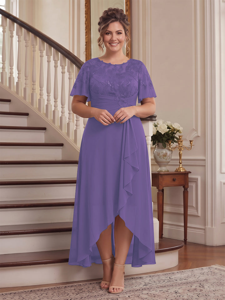 A-Line/Princess Scoop Flutter Sleeves Asymmetrical Plus Size Mother of the Bride Dresses with Sequins &amp; Ruffles