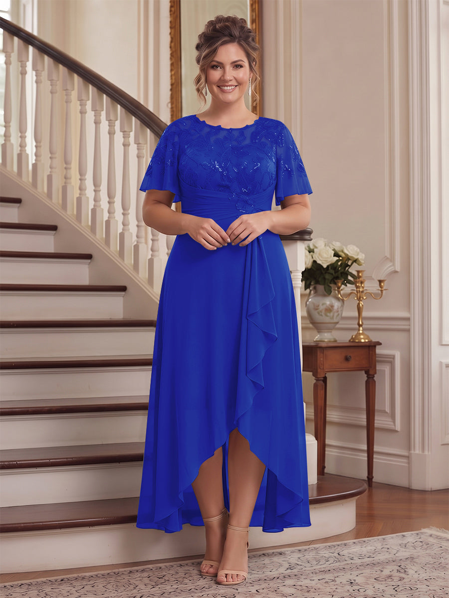 A-Line/Princess Scoop Flutter Sleeves Asymmetrical Plus Size Mother of the Bride Dresses with Sequins &amp; Ruffles