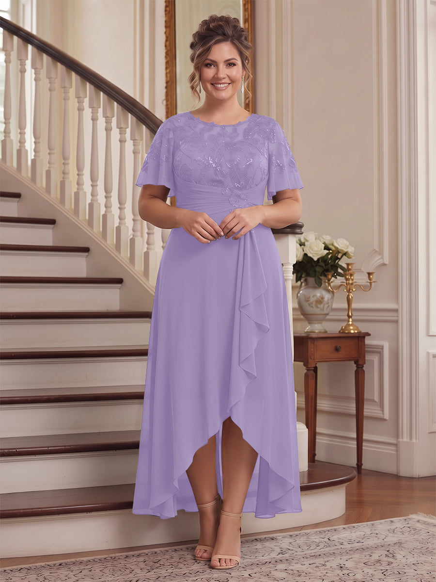A-Line/Princess Scoop Flutter Sleeves Asymmetrical Plus Size Mother of the Bride Dresses with Sequins &amp; Ruffles