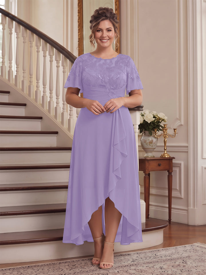 A-Line/Princess Scoop Flutter Sleeves Asymmetrical Plus Size Mother of the Bride Dresses with Sequins &amp; Ruffles
