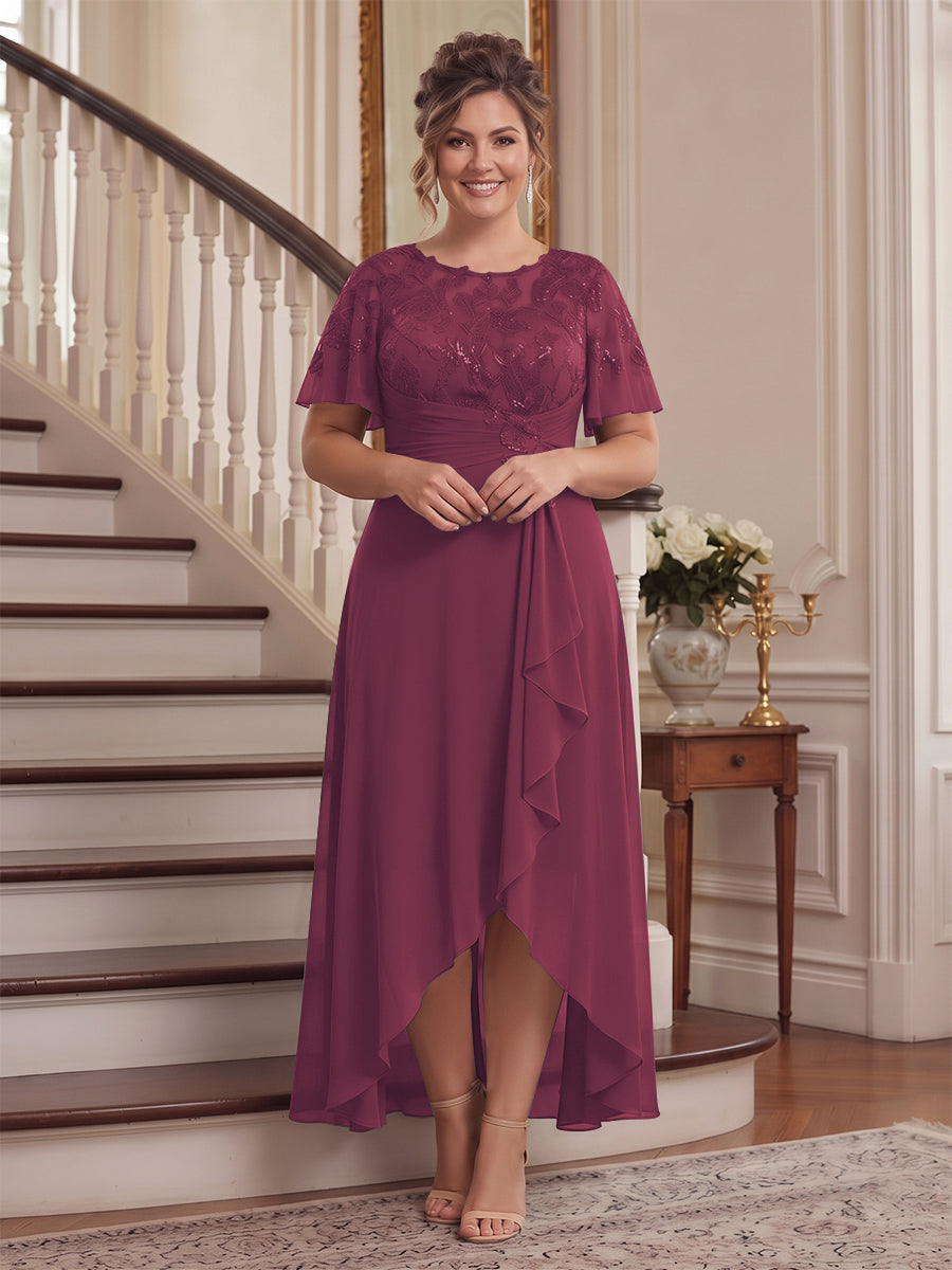 A-Line/Princess Scoop Flutter Sleeves Asymmetrical Plus Size Mother of the Bride Dresses with Sequins &amp; Ruffles