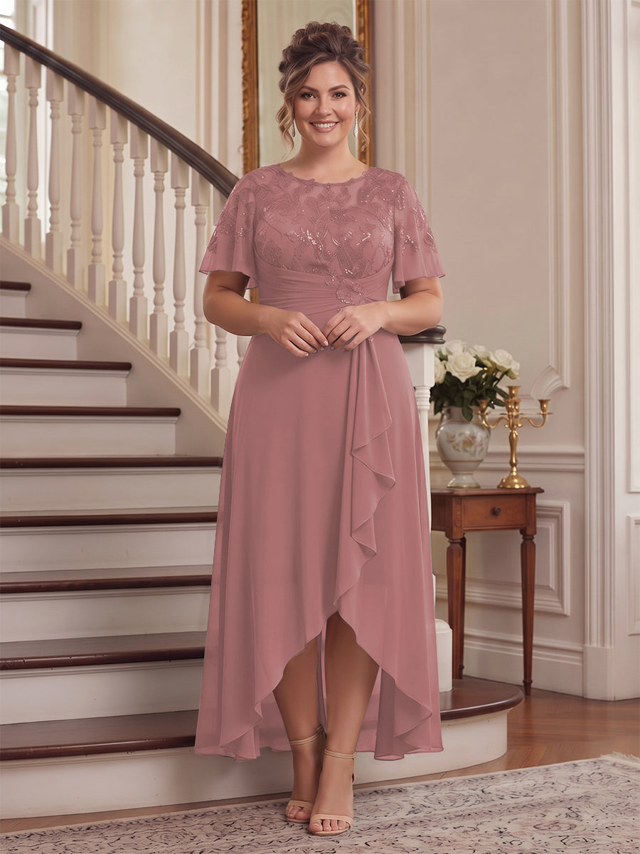 A-Line/Princess Scoop Flutter Sleeves Asymmetrical Plus Size Mother of the Bride Dresses with Sequins &amp; Ruffles