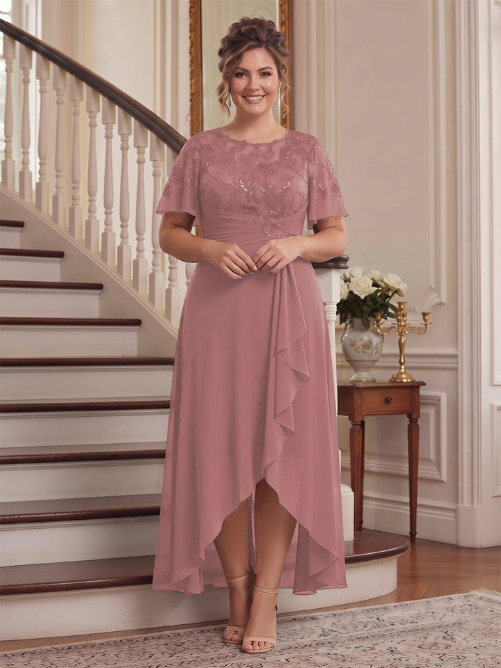 A-Line/Princess Scoop Flutter Sleeves Asymmetrical Plus Size Mother of the Bride Dresses with Sequins &amp; Ruffles