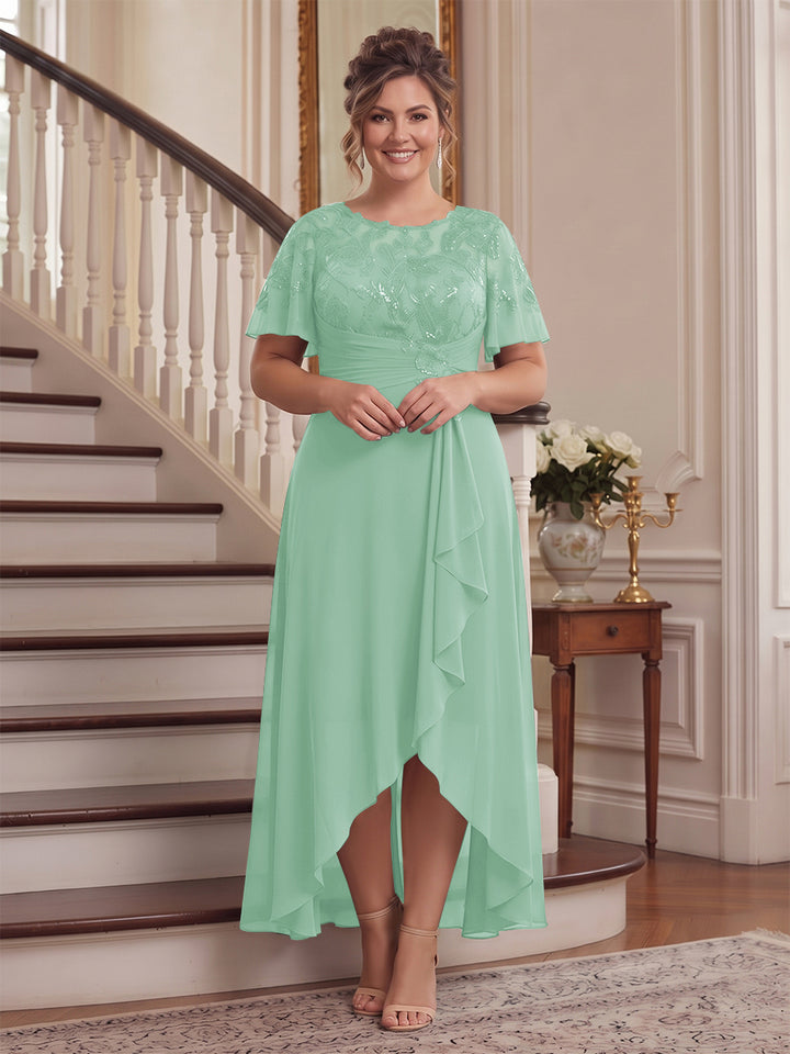 A-Line/Princess Scoop Flutter Sleeves Asymmetrical Plus Size Mother of the Bride Dresses with Sequins &amp; Ruffles