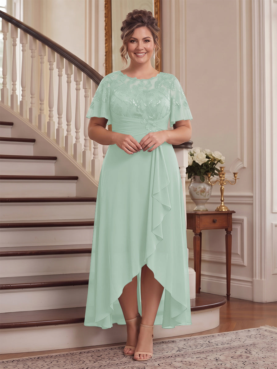 A-Line/Princess Scoop Flutter Sleeves Asymmetrical Plus Size Mother of the Bride Dresses with Sequins &amp; Ruffles